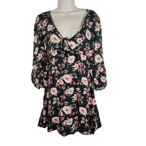 American Eagle Floral Split Back Blue 3/4 Sleeve Mini Aline Dress Women Size XS